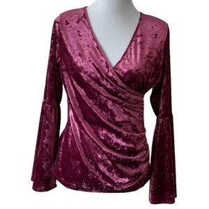 Crushed velvet faux wrap long bell sleeve blouse keyhole back cranberry Size M